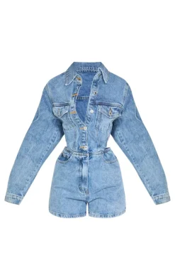 Petite Light Blue Wash Denim Cut Out Romper