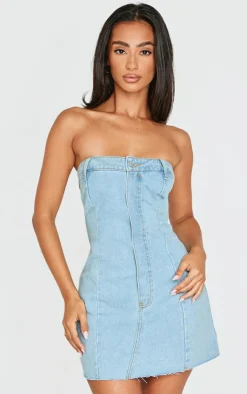 Petite Denim Bandeau Mini Dress-PrettyLittleThing