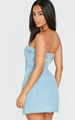 Petite Denim Bandeau Mini Dress-PrettyLittleThing