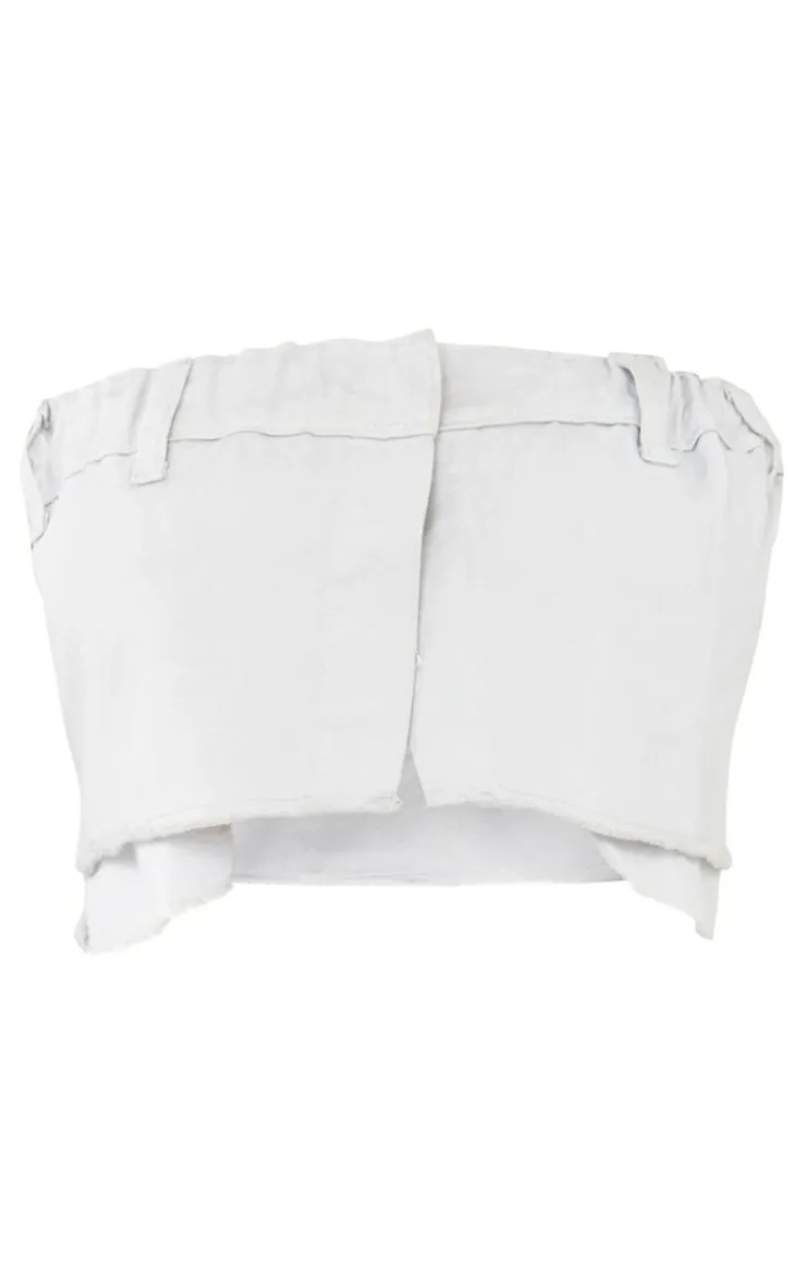 Online PrettyLittleThing Petite Denim Button Front Crop Top Light Blue Wash