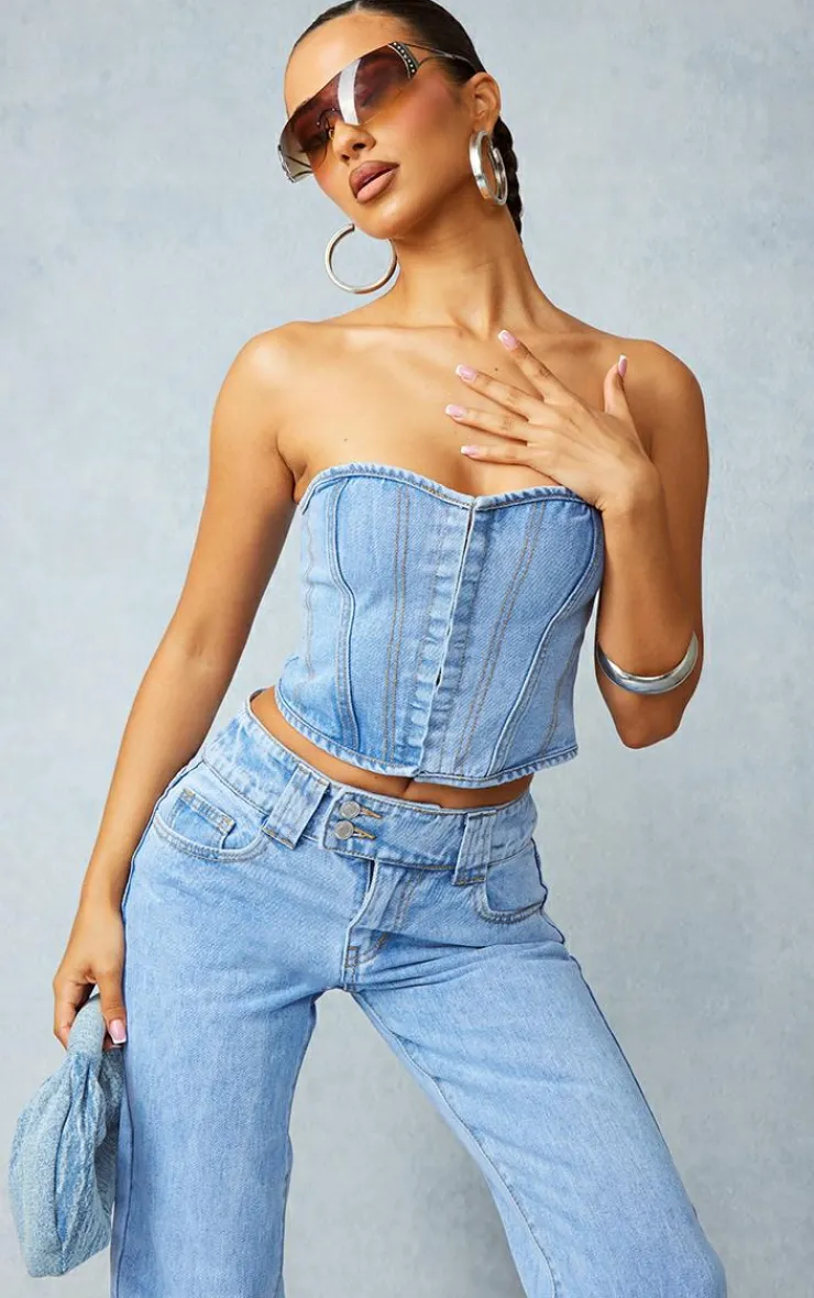 PrettyLittleThing Corsets*Petite Denim Hook And Eye Corset Top