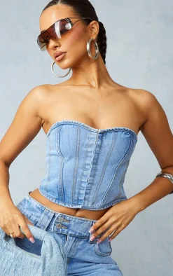 PrettyLittleThing Corsets*Petite Denim Hook And Eye Corset Top