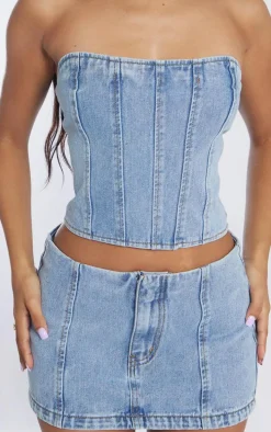 Petite Light Blue Wash Denim Bandeau Corset Top
