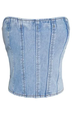 Petite Light Blue Wash Denim Bandeau Corset Top