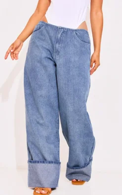 Petite Denim Turn Up Low Rise Wide Leg Jeans-PrettyLittleThing Clearance