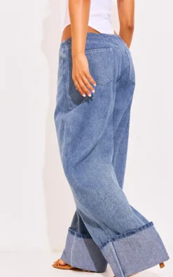 Petite Denim Turn Up Low Rise Wide Leg Jeans-PrettyLittleThing Clearance