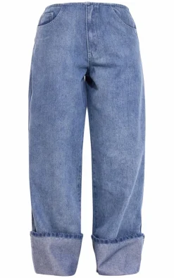 Petite Denim Turn Up Low Rise Wide Leg Jeans-PrettyLittleThing Clearance