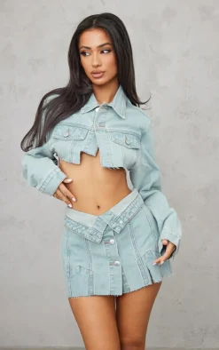 Clearance PrettyLittleThing Petite Distressed Button Front Denim Micro Mini Skirt Light Blue Wash