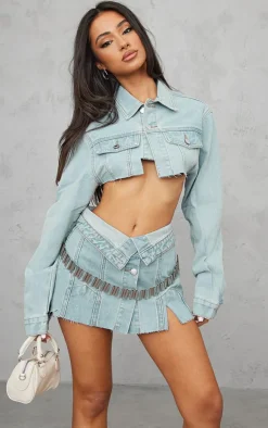 Clearance PrettyLittleThing Petite Distressed Button Front Denim Micro Mini Skirt Light Blue Wash