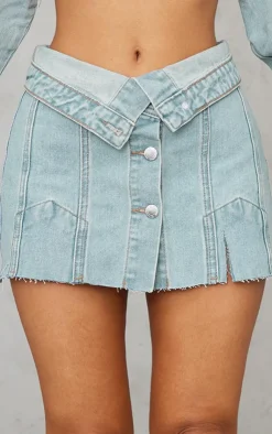 Clearance PrettyLittleThing Petite Distressed Button Front Denim Micro Mini Skirt Light Blue Wash