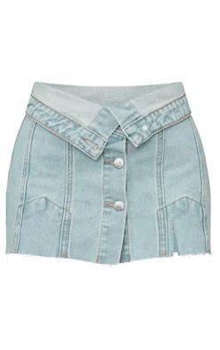 Clearance PrettyLittleThing Petite Distressed Button Front Denim Micro Mini Skirt Light Blue Wash