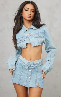 Sale PrettyLittleThing Petite Distressed Super Cropped Denim Jacket Light Blue Wash