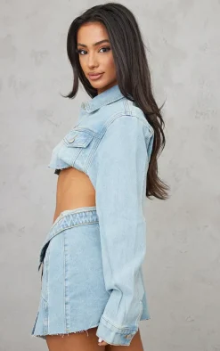 Sale PrettyLittleThing Petite Distressed Super Cropped Denim Jacket Light Blue Wash
