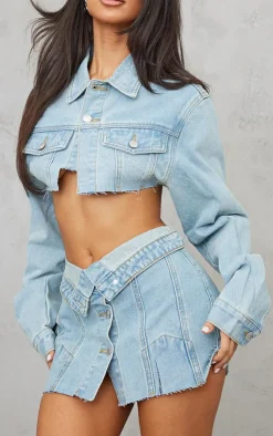 Sale PrettyLittleThing Petite Distressed Super Cropped Denim Jacket Light Blue Wash