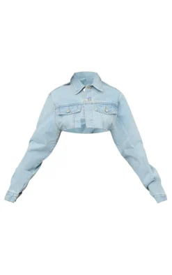 Sale PrettyLittleThing Petite Distressed Super Cropped Denim Jacket Light Blue Wash
