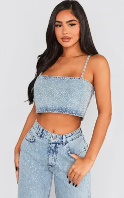 Best PrettyLittleThing Petite Diamante Denim Straight Neck Crop Top Light Blue Wash