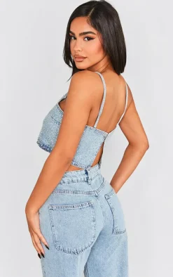 Best PrettyLittleThing Petite Diamante Denim Straight Neck Crop Top Light Blue Wash