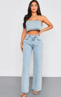 Best PrettyLittleThing Petite Diamante Denim Straight Neck Crop Top Light Blue Wash