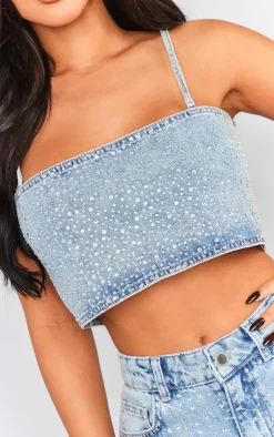 Best PrettyLittleThing Petite Diamante Denim Straight Neck Crop Top Light Blue Wash