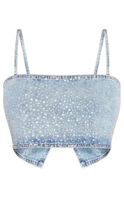 Best PrettyLittleThing Petite Diamante Denim Straight Neck Crop Top Light Blue Wash