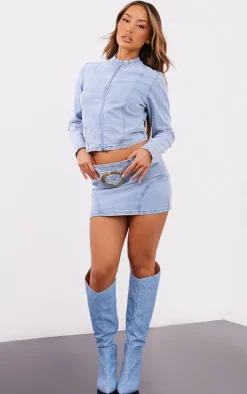 Hot PrettyLittleThing Petite Fitted Cropped Denim Jacket Light Blue Wash