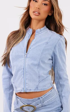 Hot PrettyLittleThing Petite Fitted Cropped Denim Jacket Light Blue Wash
