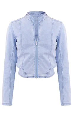 Hot PrettyLittleThing Petite Fitted Cropped Denim Jacket Light Blue Wash