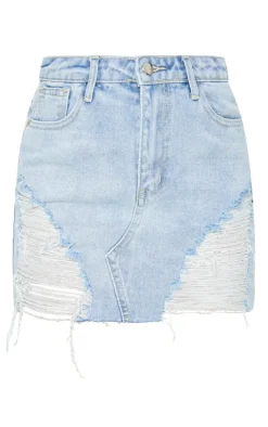 Petite Light Blue Wash Ripped Mini Denim Skirt
