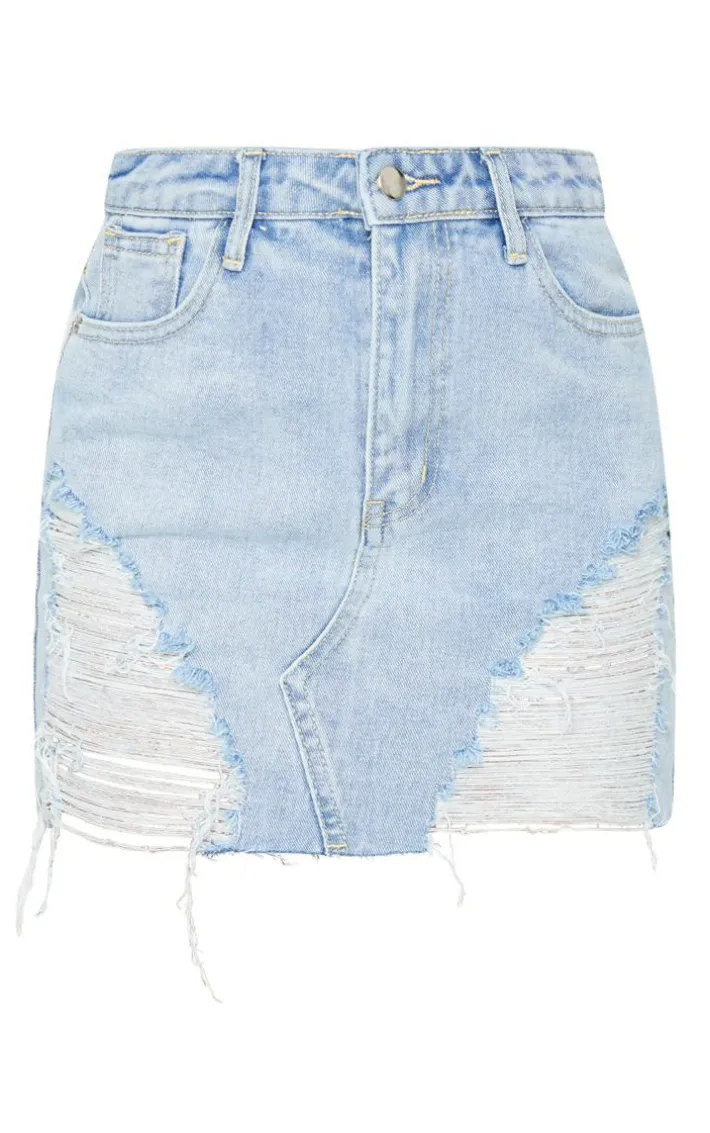 Petite Light Blue Wash Ripped Mini Denim Skirt