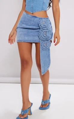 Petite Light Blue Wash Rose Detail Denim Mini Skirt