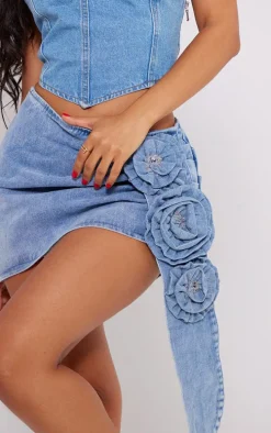 Petite Light Blue Wash Rose Detail Denim Mini Skirt