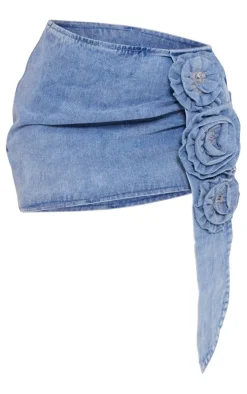 Petite Light Blue Wash Rose Detail Denim Mini Skirt