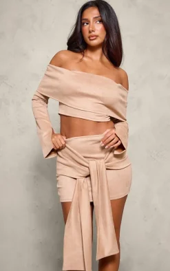 Sale PrettyLittleThing Petite Faux Suede Long Sleeve Off The Shoulder Crop Top Light Brown
