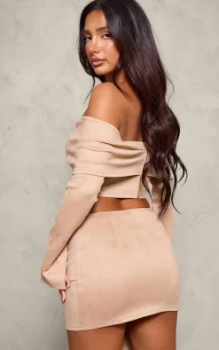 Sale PrettyLittleThing Petite Faux Suede Long Sleeve Off The Shoulder Crop Top Light Brown