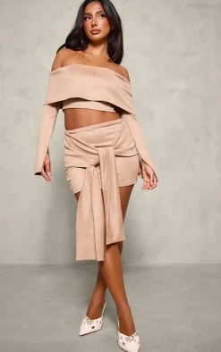 Sale PrettyLittleThing Petite Faux Suede Long Sleeve Off The Shoulder Crop Top Light Brown