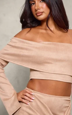 Sale PrettyLittleThing Petite Faux Suede Long Sleeve Off The Shoulder Crop Top Light Brown