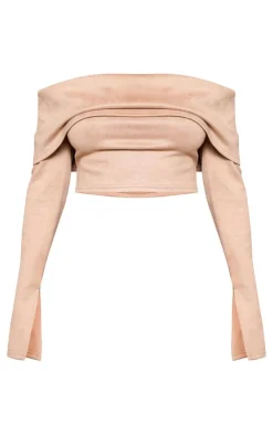 Sale PrettyLittleThing Petite Faux Suede Long Sleeve Off The Shoulder Crop Top Light Brown