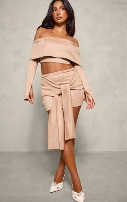 Best PrettyLittleThing Petite Faux Suede Tie Front Mini Skirt Light Brown