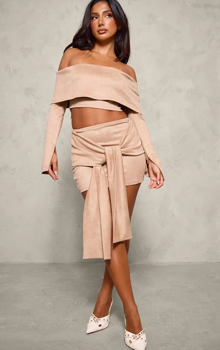 Best PrettyLittleThing Petite Faux Suede Tie Front Mini Skirt Light Brown