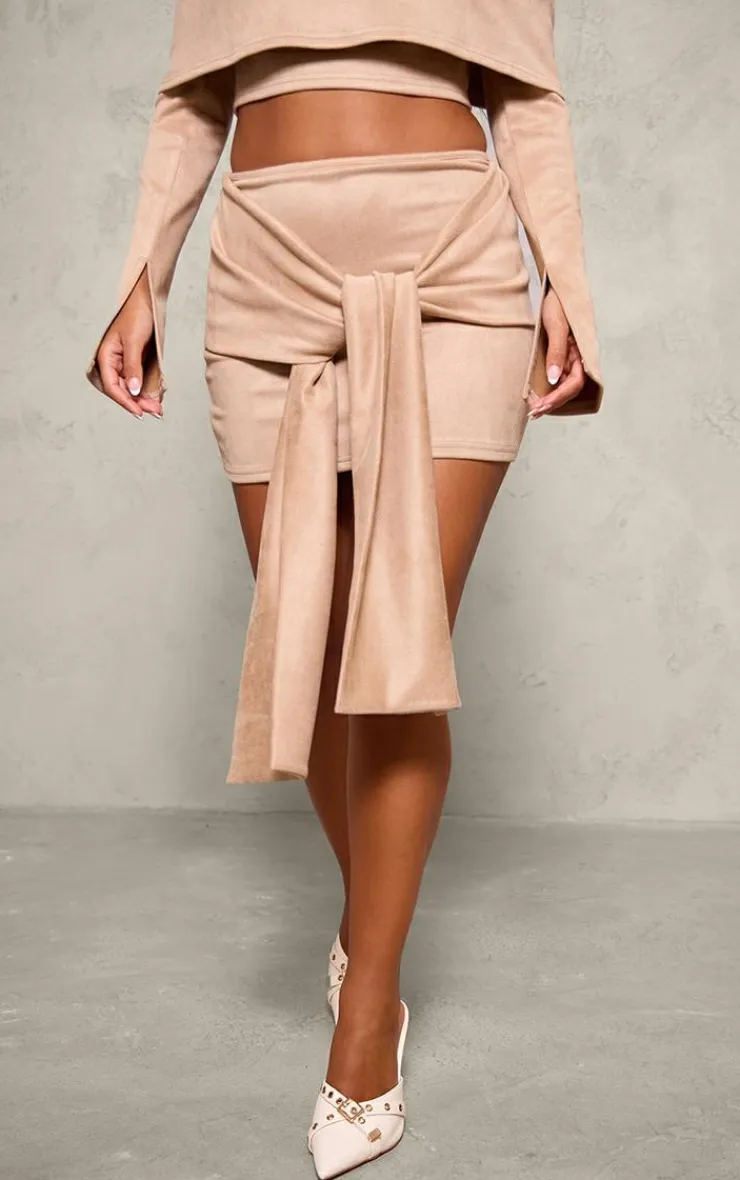 Best PrettyLittleThing Petite Faux Suede Tie Front Mini Skirt Light Brown