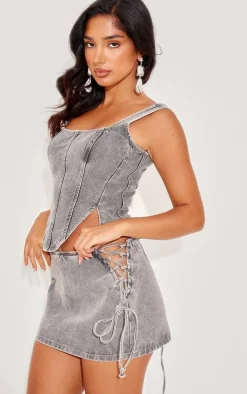 Clearance PrettyLittleThing Petite Denim Lace Up Mini Skirt Light Grey