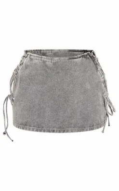 Clearance PrettyLittleThing Petite Denim Lace Up Mini Skirt Light Grey