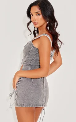 Clearance PrettyLittleThing Petite Denim Lace Up Corset Top Light Grey