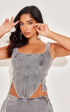Clearance PrettyLittleThing Petite Denim Lace Up Corset Top Light Grey
