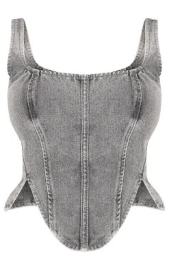 Clearance PrettyLittleThing Petite Denim Lace Up Corset Top Light Grey