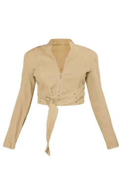 Best PrettyLittleThing Petite Denim Belt Detail Jacket Light Khaki