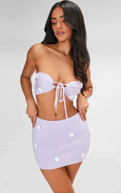 Best PrettyLittleThing Petite Knitted Flower Bandeau Crop Top Lilac
