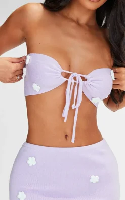 Best PrettyLittleThing Petite Knitted Flower Bandeau Crop Top Lilac
