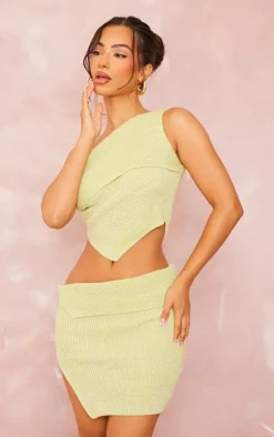 Online PrettyLittleThing Petite Knitted Fold Over Mini Skirt Lime