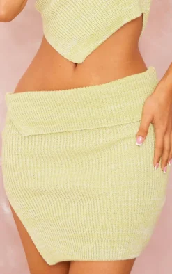 Online PrettyLittleThing Petite Knitted Fold Over Mini Skirt Lime